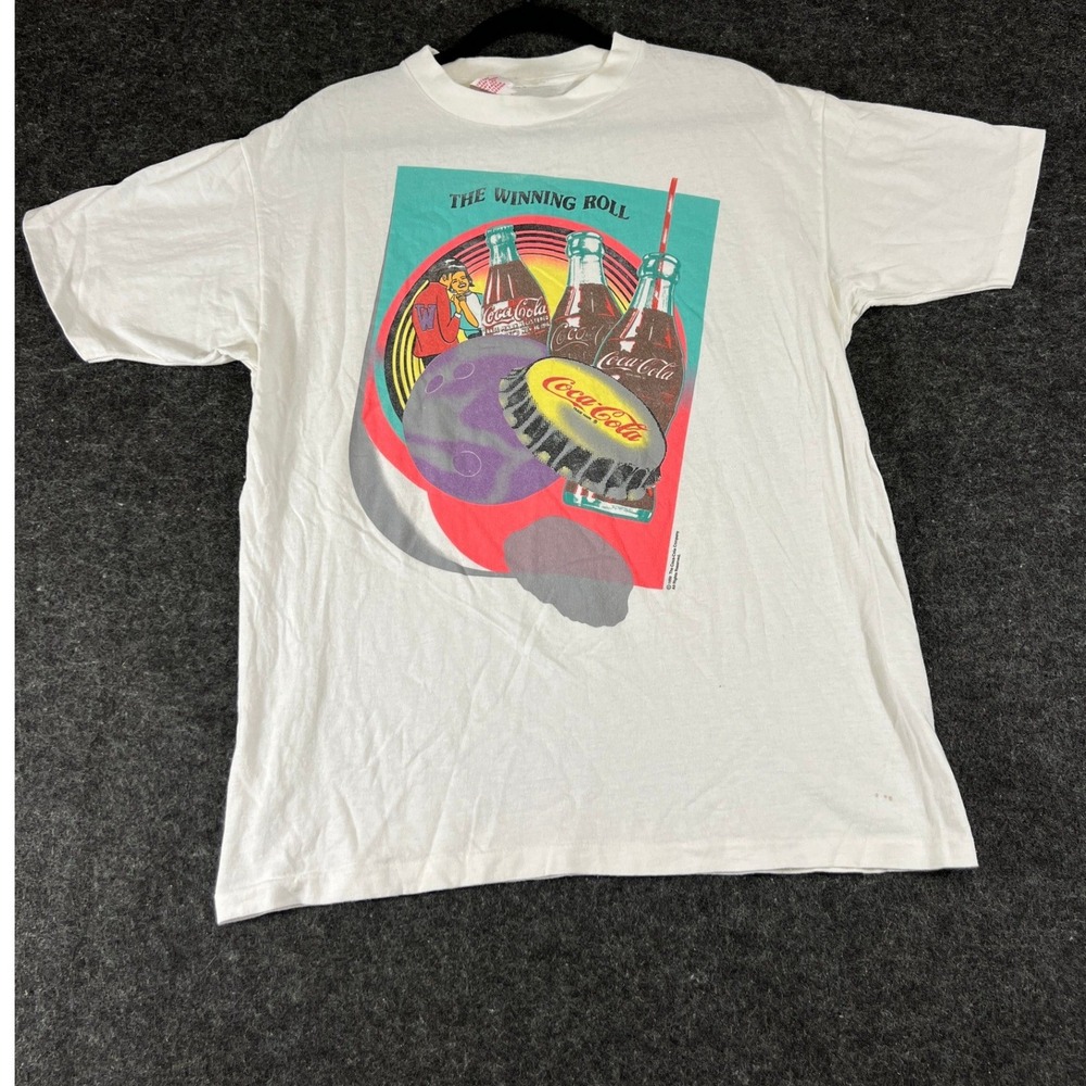 Vintage 90s Coca-Cola The Winning Roll Bowling T-Shirt White Mens Large Made USA